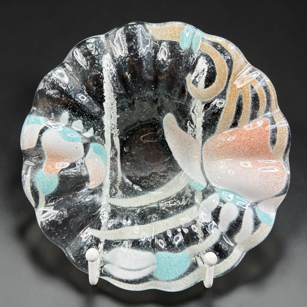 Sydenstricker Glass Handcrafted Ruffled Bowl Abstract Fused Glass Coral Aqua 7in